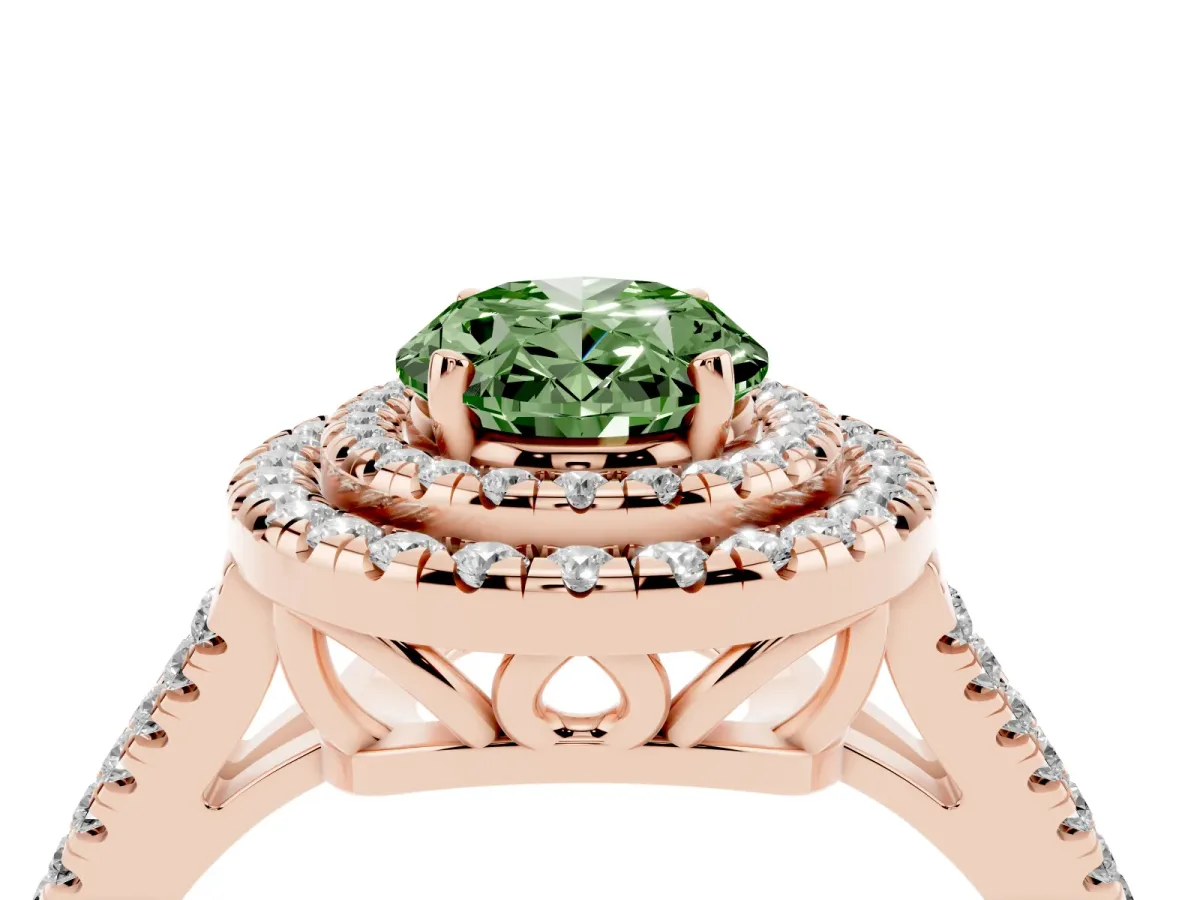 Fancy Green Oval Cut Diamond Double Halo Ring with Pavé Band and Prong Setting Rose gold