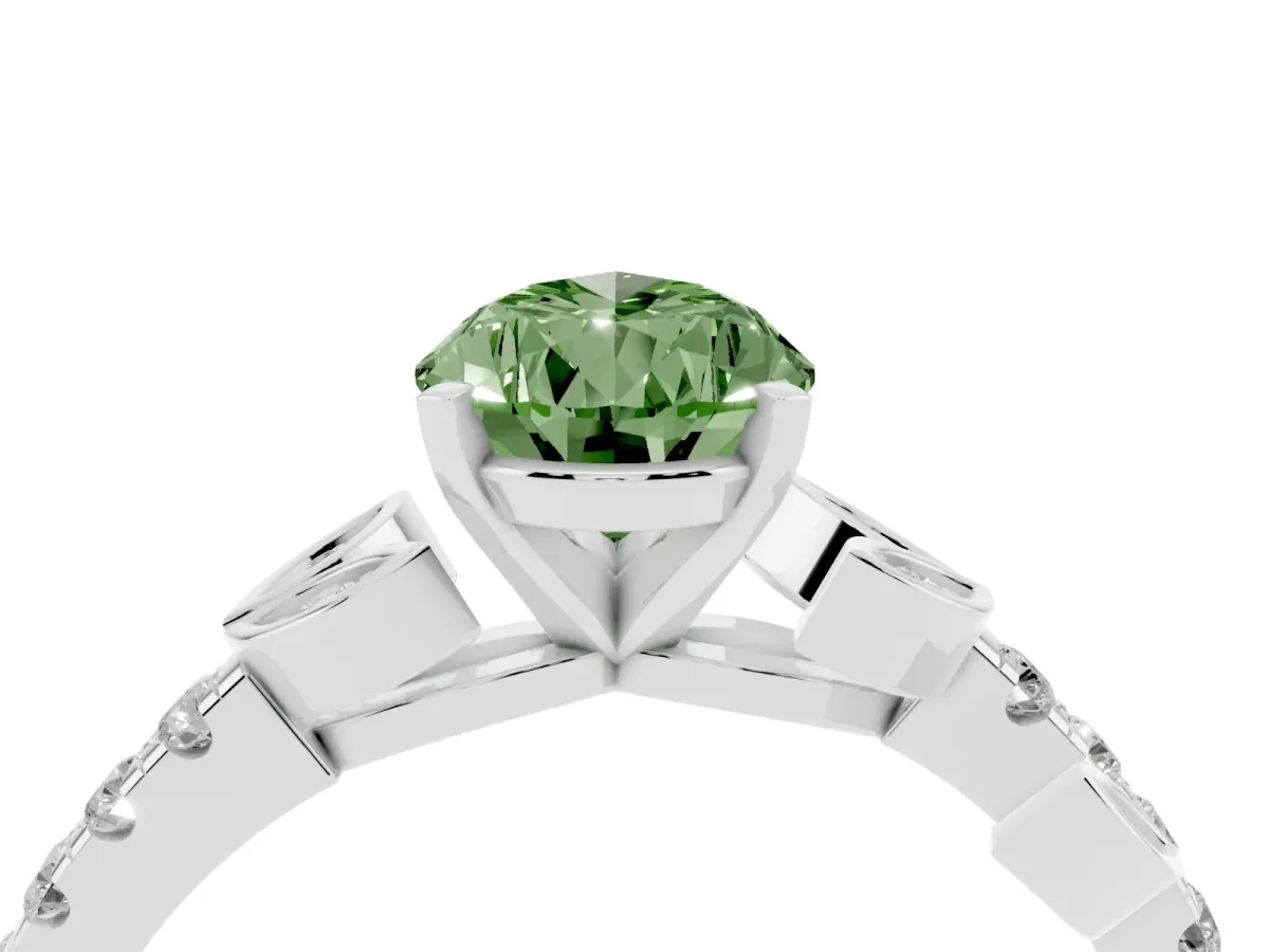 Fancy Green Pear Cut Solitaire Leaf-Inspired Diamond Ring with Pavé Band and Four-Prong Setting Silver