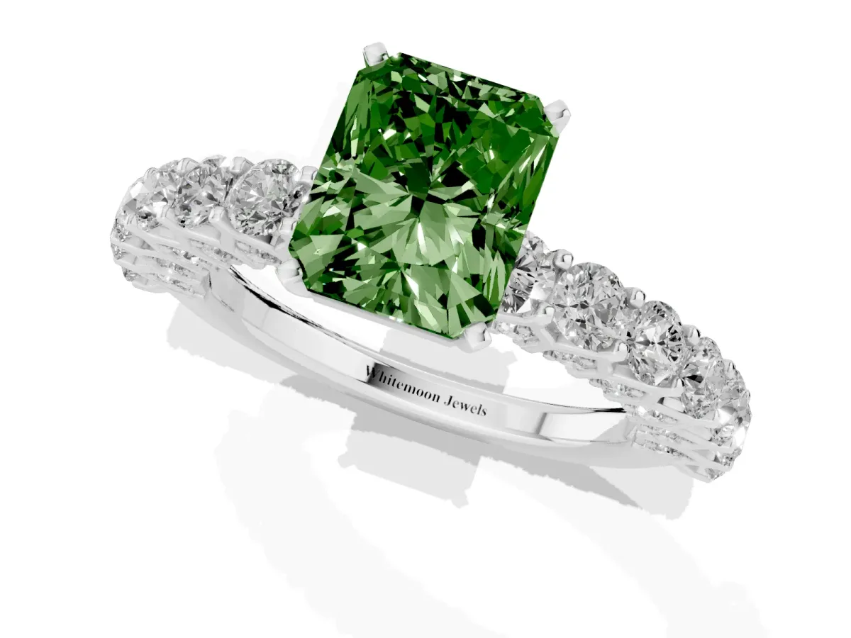 Fancy Green Radiant Cut Diamond Solitaire Ring with Shared Prong Pavé Band and Four-Prong Setting Silver