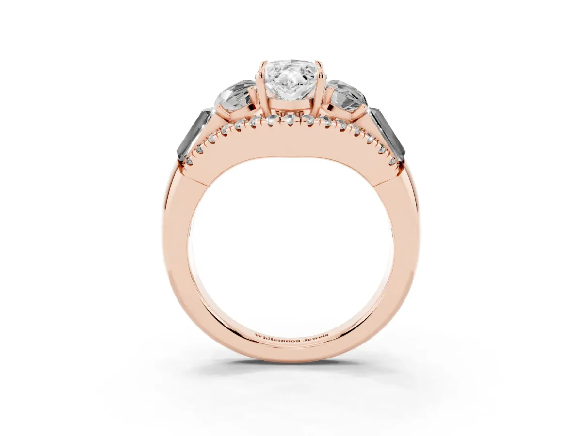 Three-Stone Marquise Cut Diamond Engagement Ring with Pave Band and Prong Setting Rose gold