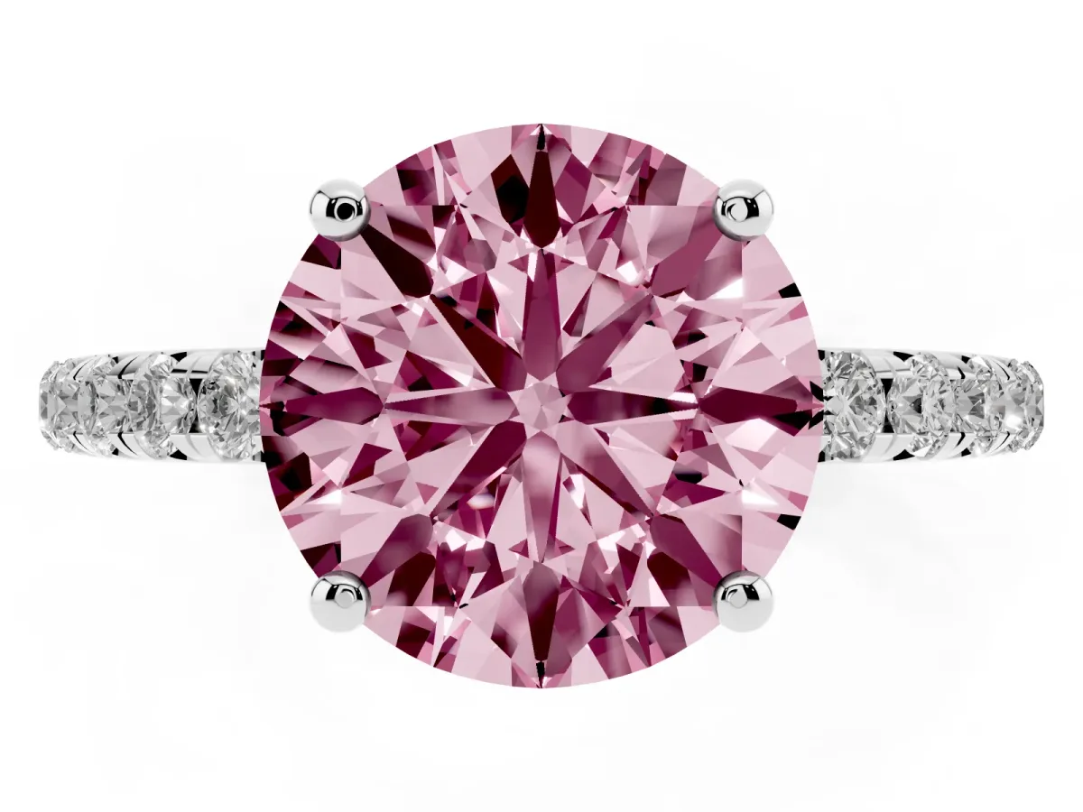 Fancy Pink Round Cut Cut Diamond Solitaire Ring with Micro Pave Band and Four Prong Setting Platinum