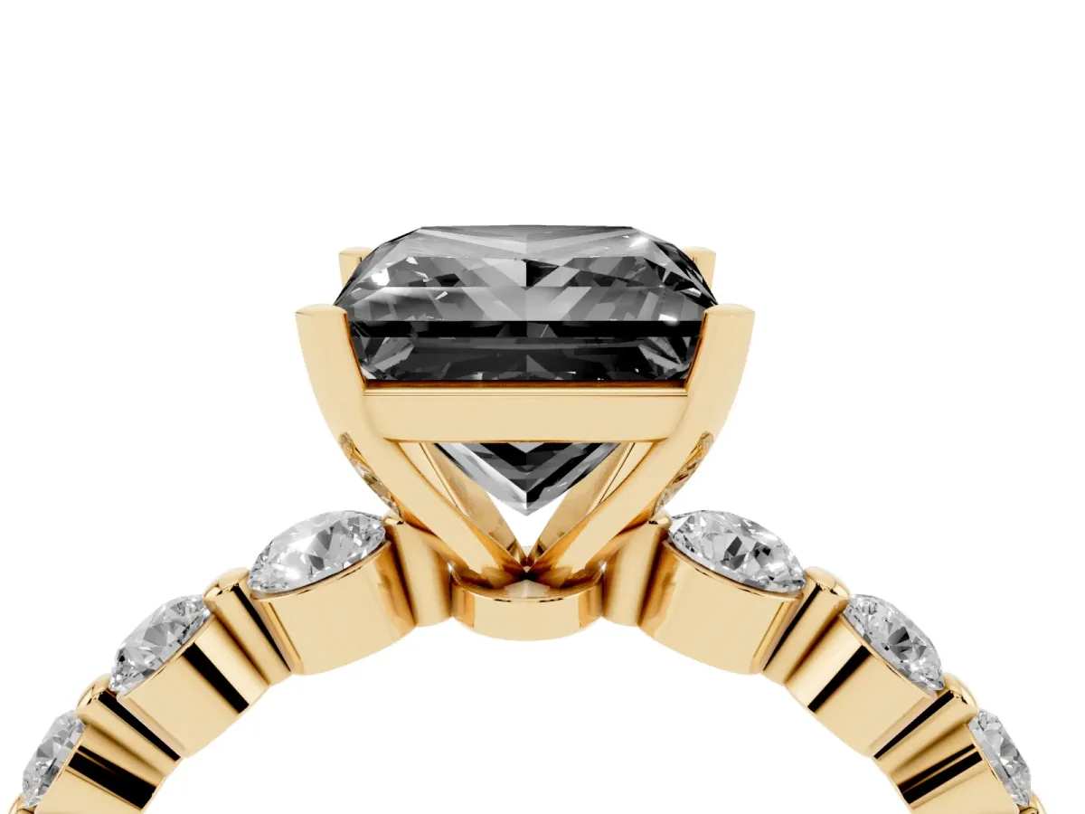 Fancy Black Princess Cut Solitaire Diamond Ring with Pave Band and Four-Prong Setting Yellow gold