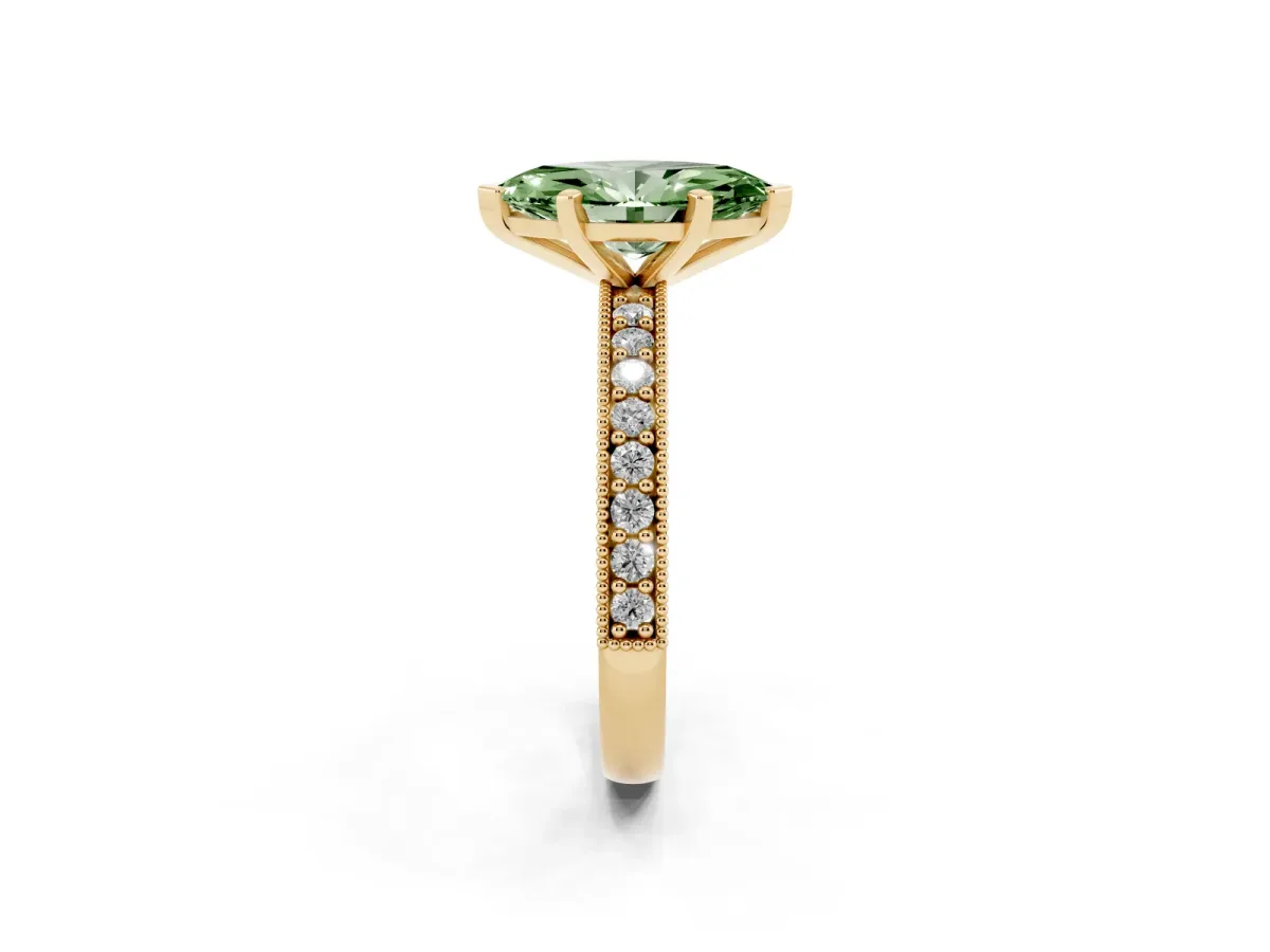 Fancy Green Marquise Cut Diamond Milgrain Pavé Engagement Ring with Four-Prong Setting Yellow gold