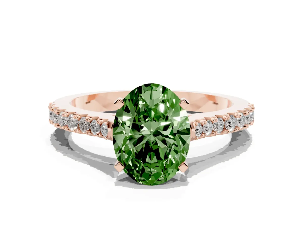 Fancy Green Oval Cut Cut Solitaire Diamond Engagement Ring with Pave Band and Four-Prong Setting Rose gold