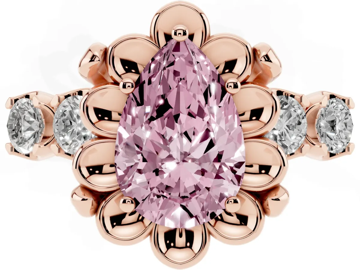 Fancy Pink Pear Cut Cut Diamond Floral Halo Engagement Ring with Shared Prong Setting Rose gold