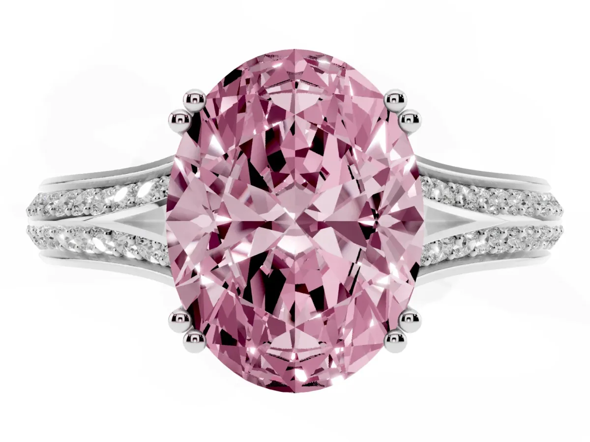 Fancy Pink Oval Cut Diamond Split Shank Engagement Ring with Pavé Band Silver