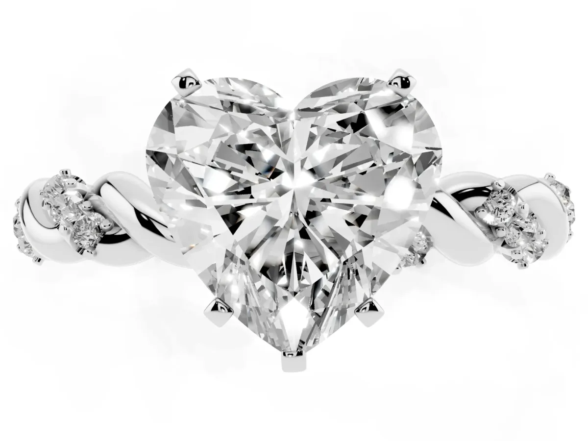 Heart Cut Diamond Solitaire Ring with Twisted Band and Pavé Accents Silver