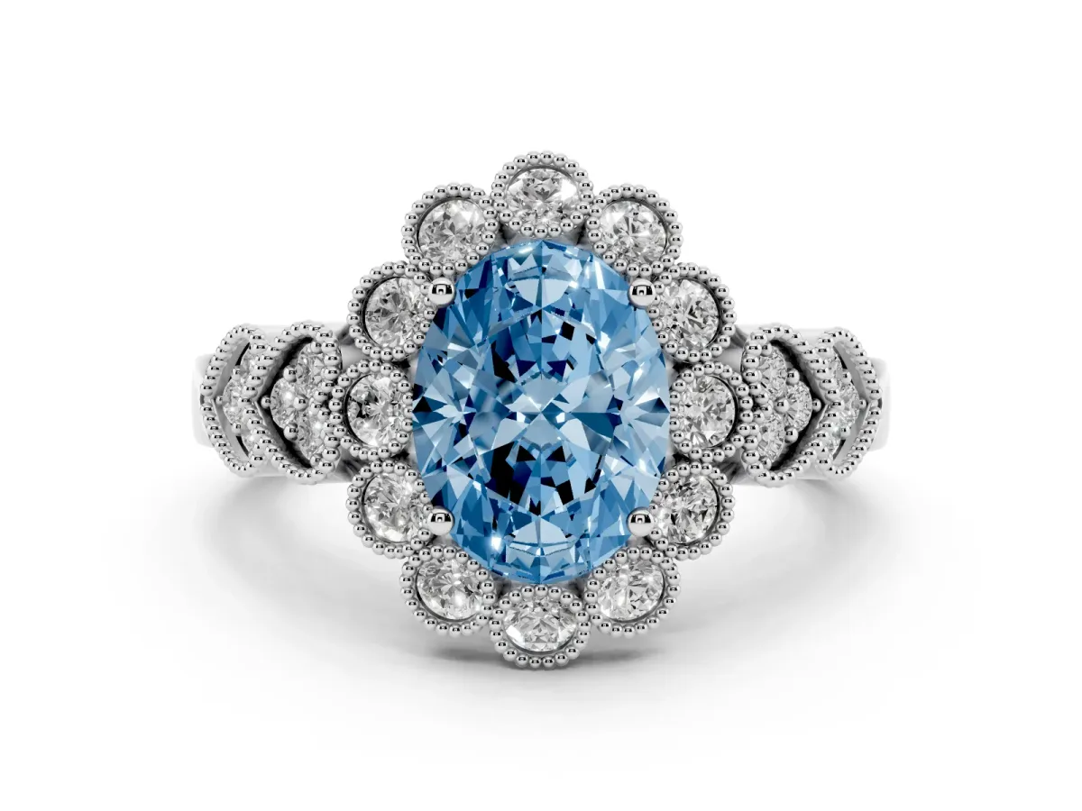 Fancy Blue Oval Cut Brilliant Milgrain Pave Heart Band Solitaire Ring Platinum