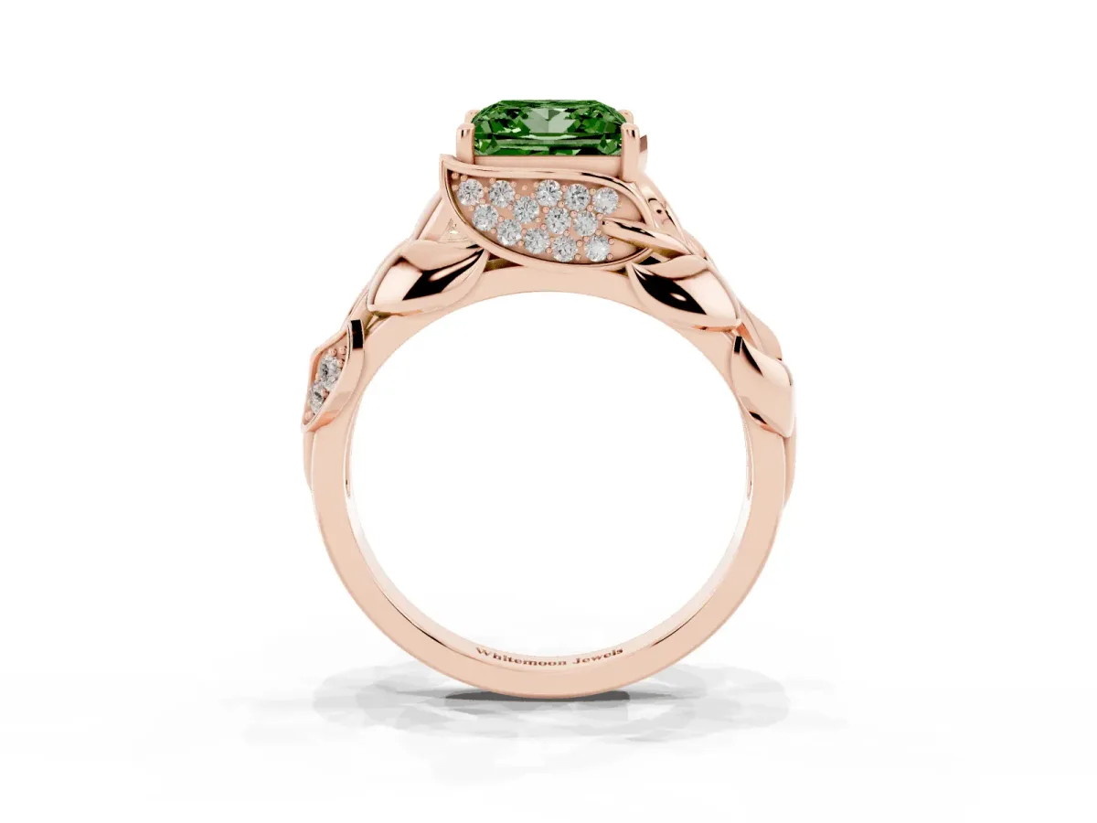 Fancy Green Princess Cut Diamond Leaf-Inspired Engagement Ring with Round Accents and Prong Setting Rose gold