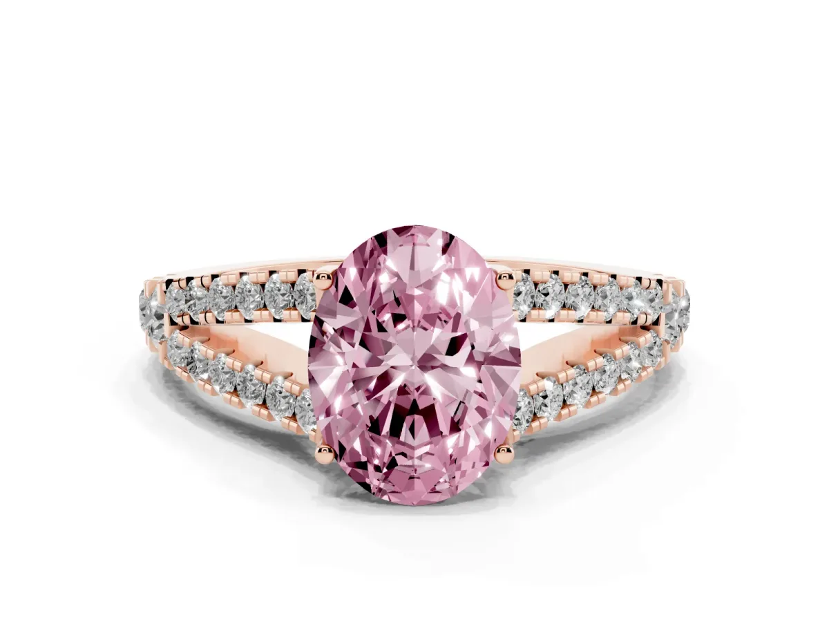 Fancy Pink Oval Cut Diamond Split Shank Pavé Engagement Ring with Four-Prong Setting Rose gold