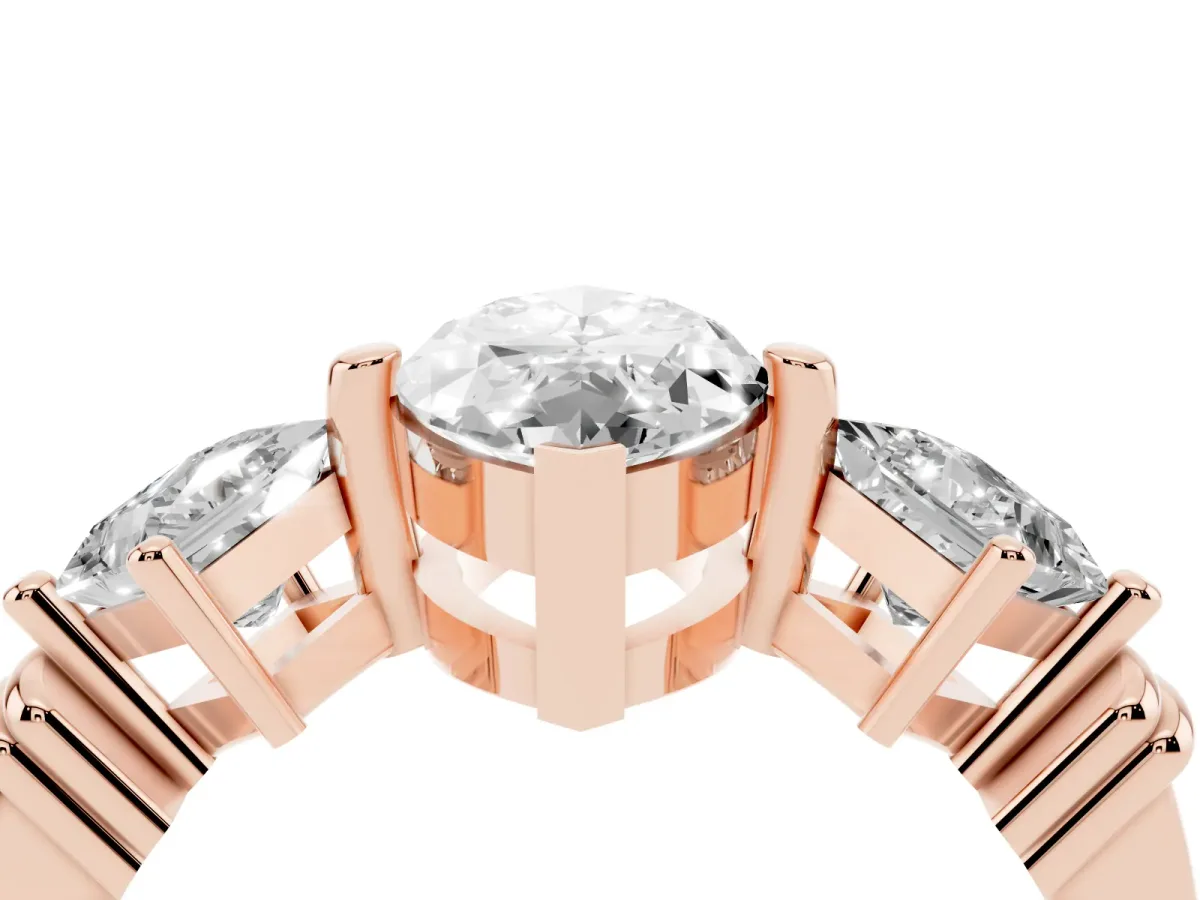 Three-Stone Marquise Cut and Princess Cut Diamond Ring with Channel Band and Four-Prong Setting Rose gold