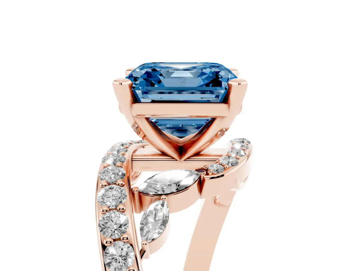 Fancy Blue Asscher Cut Solitaire with Pavé Twist Band and Four-Prong Setting Rose gold