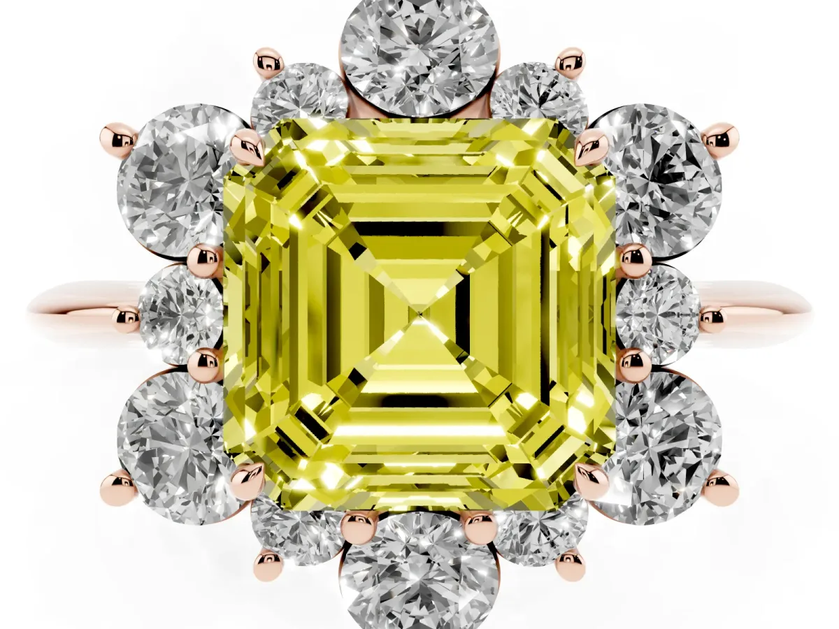 Fancy Yellow Asscher Cut Diamond Cluster Halo Ring with Solitaire Band and Four-Prong Setting Rose gold