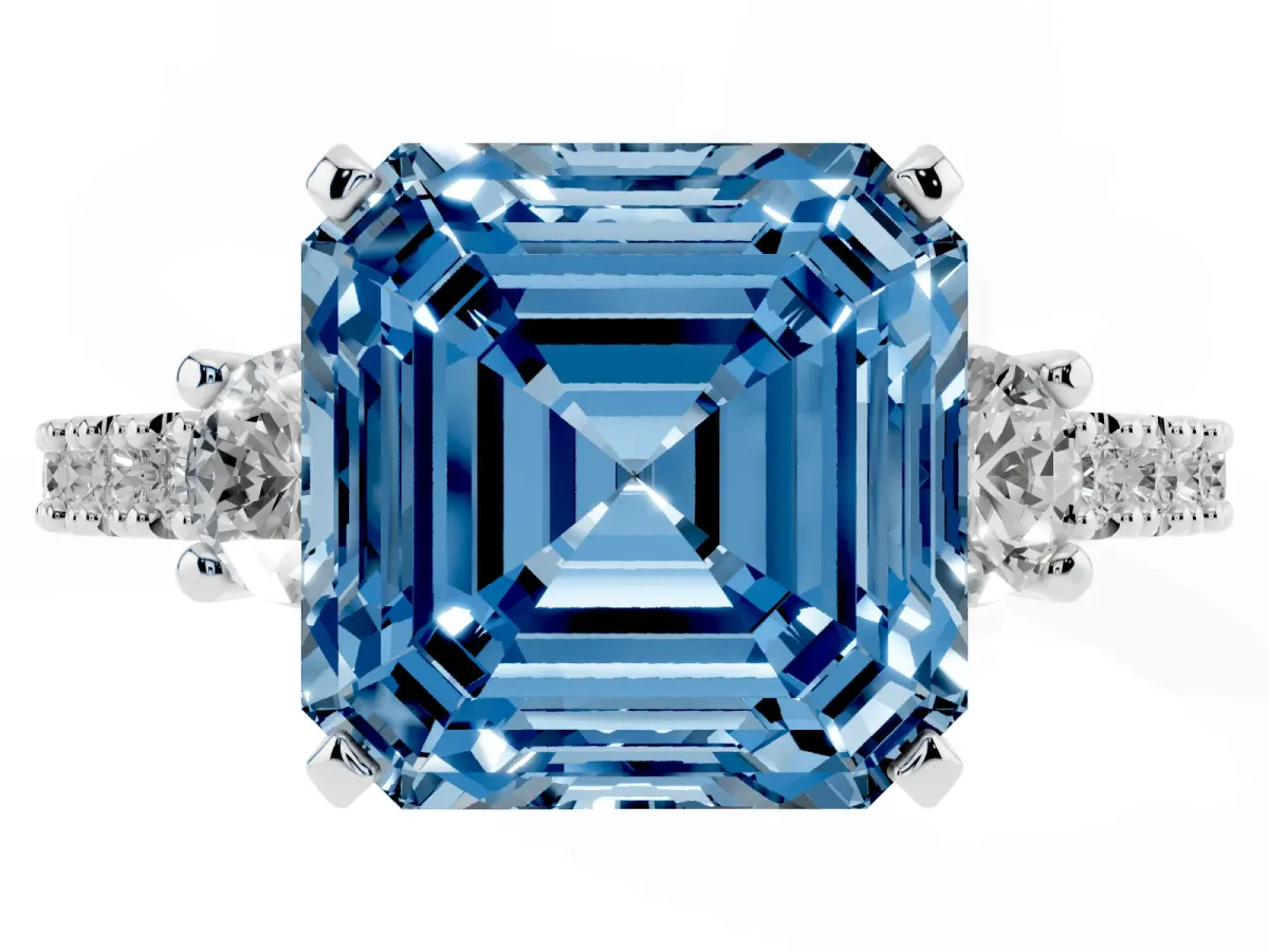 Fancy Blue Asscher Cut Three-Stone Diamond Pavé Band with Prong Setting Silver