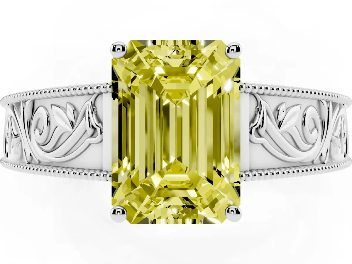 Fancy Yellow Emerald Cut Diamond Solitaire Ring with Engraved Band and Four-Prong Setting Silver