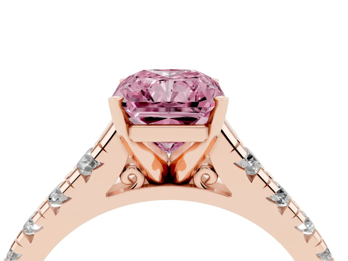 Fancy Pink Radiant Cut Diamond Cathedral Solitaire Ring with Round Pavé Band Rose gold
