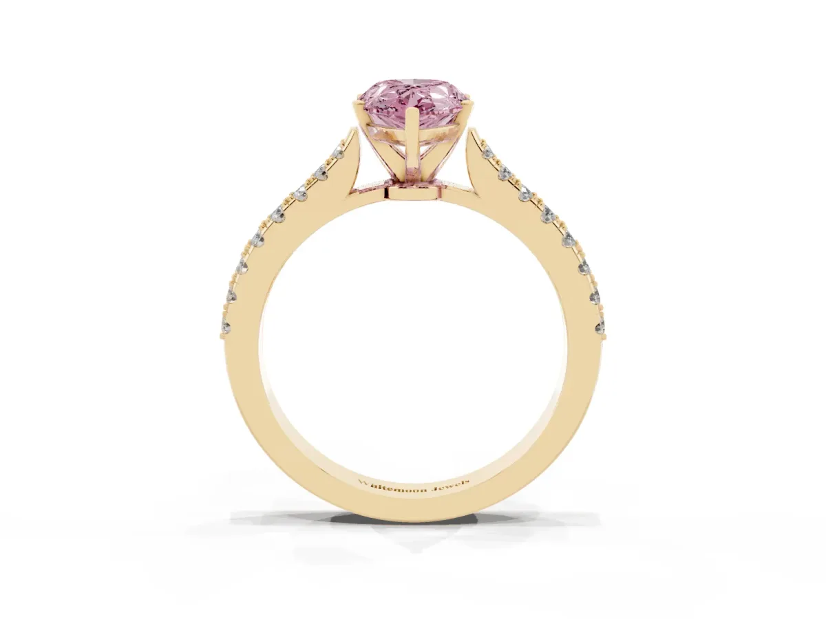 Fancy Pink Pear Cut Cut Solitaire Diamond Engagement Ring with Pave Band and Four-Prong Setting Yellow gold