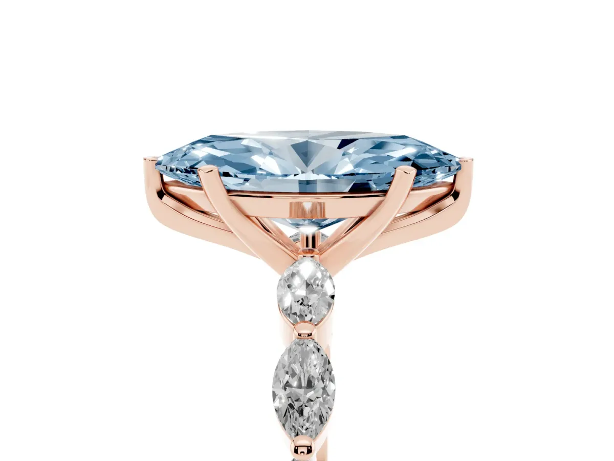 Fancy Blue Marquise Cut Diamond Ring with Marquise Side Stones and Prong Setting Rose gold