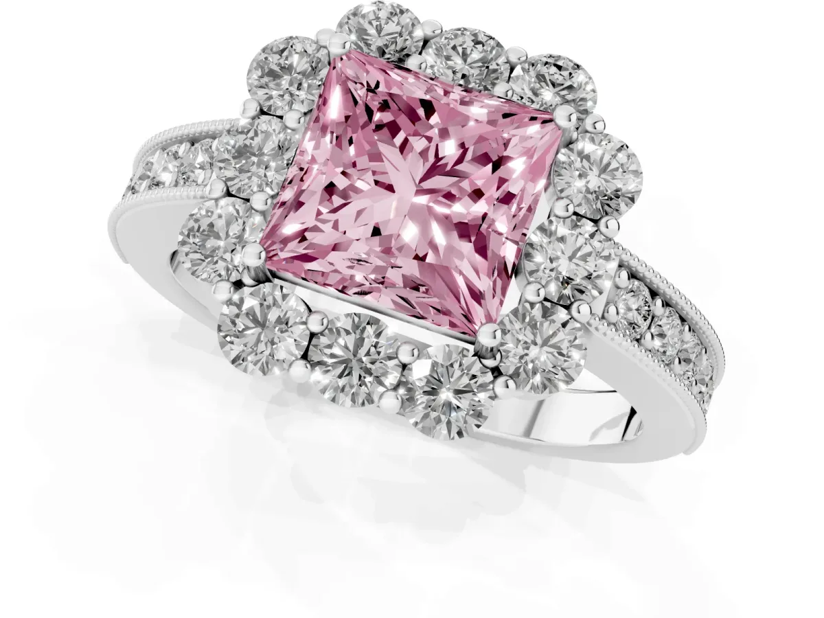 Fancy Pink Princess Cut Cut Halo Diamond Pavé Engagement Ring with Milgrain Detailing White gold