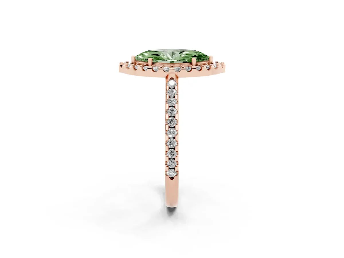 Fancy Green Marquise Cut Diamond Pavé Halo Ring with Four-Prong Setting Rose gold