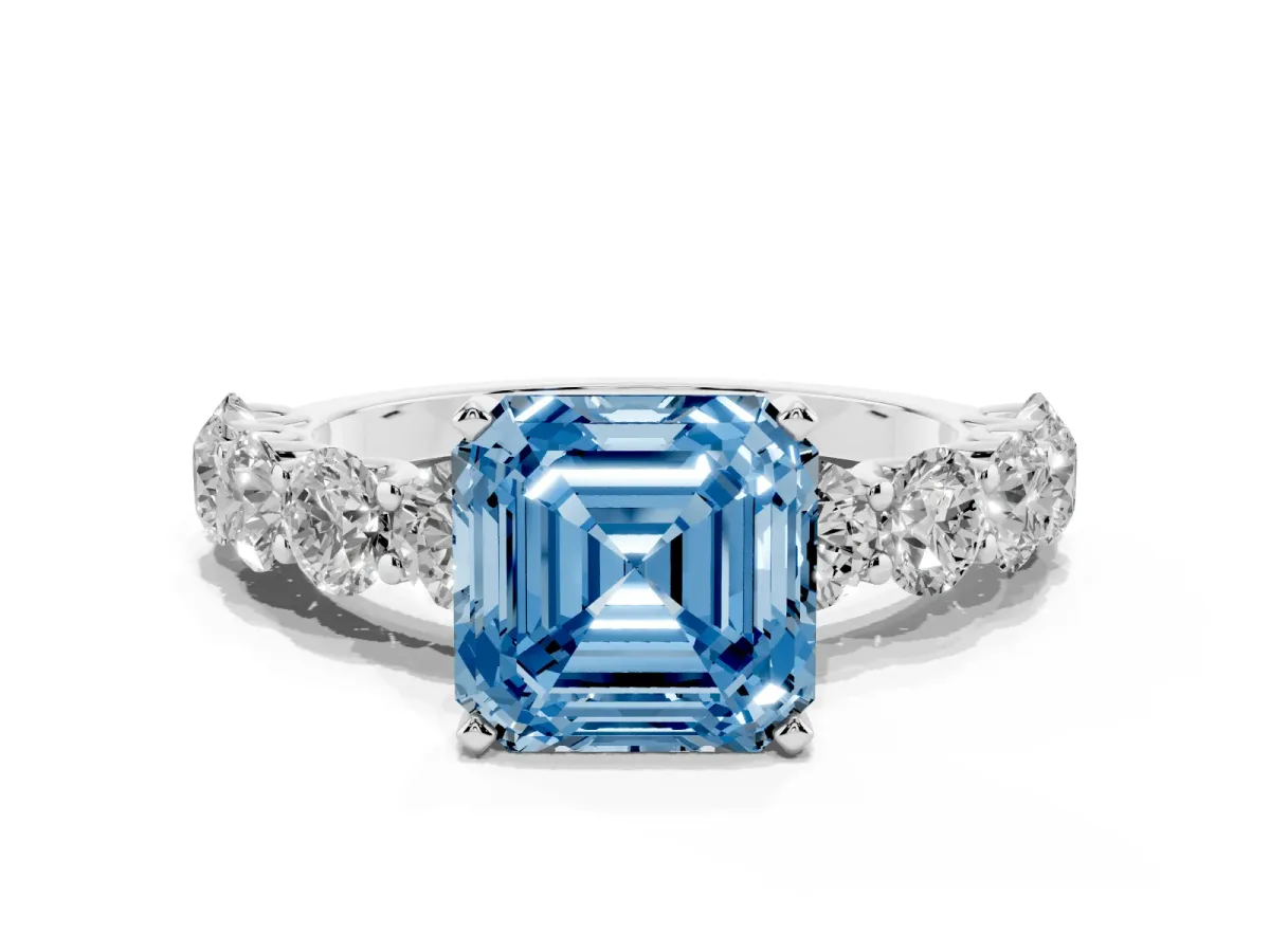 Fancy Blue Asscher Cut Diamond Prong Setting with Side Stones on a Pave Band Silver