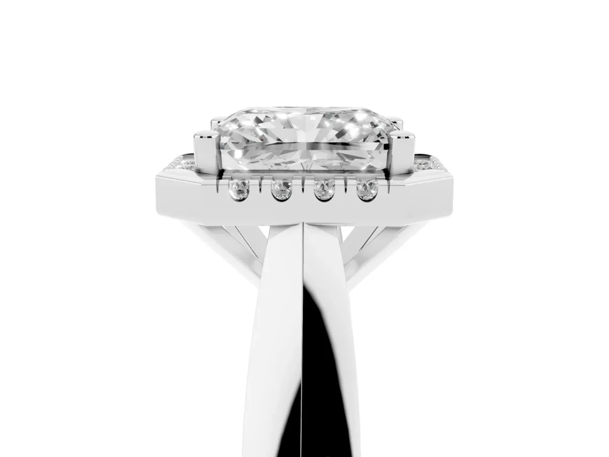 Radiant Cut Cut Halo Solitaire Engagement Ring with Square Band and Four-Prong Setting Platinum