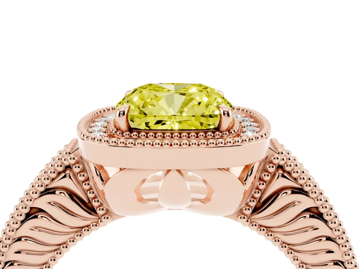 Fancy Yellow Cushion Cut Cut Halo Diamond Ring with Pavé Band and Four-Prong Setting Rose gold