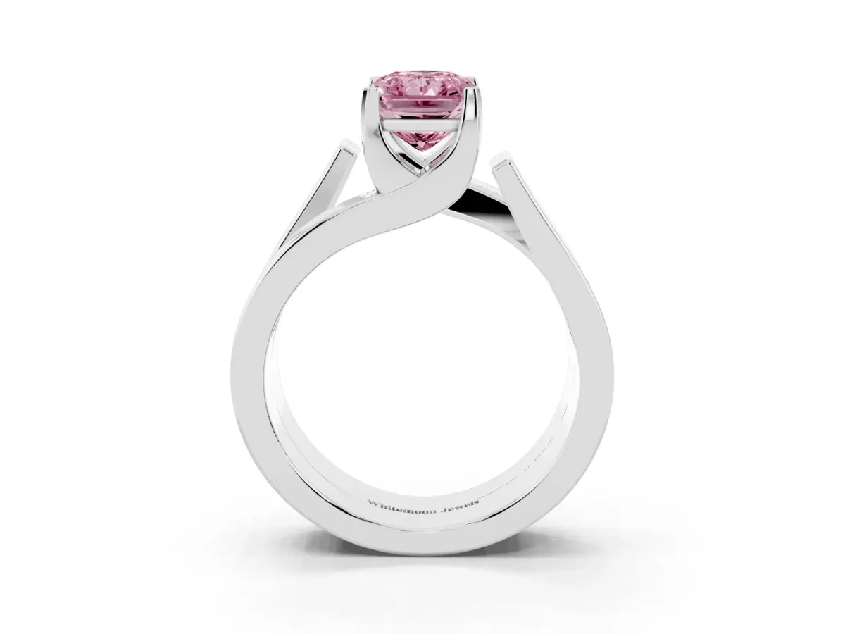 Fancy Pink Modern Tension Set Radiant Cut Diamond Solitaire Wide Band Ring Silver