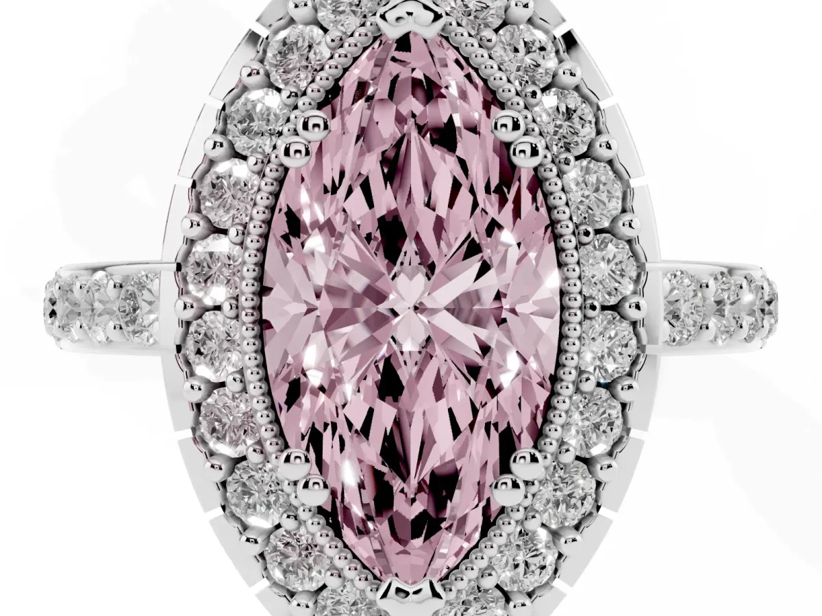 Fancy Pink Marquise Cut Diamond Halo Ring with Pavé Band and Prong Setting White gold