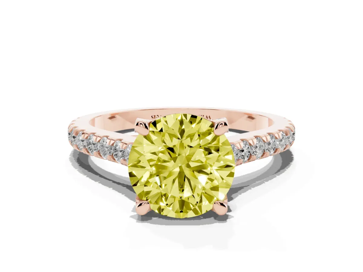 Fancy Yellow Round Cut Brilliant Diamond Solitaire with Pavé Band and Four-Prong Setting Rose gold
