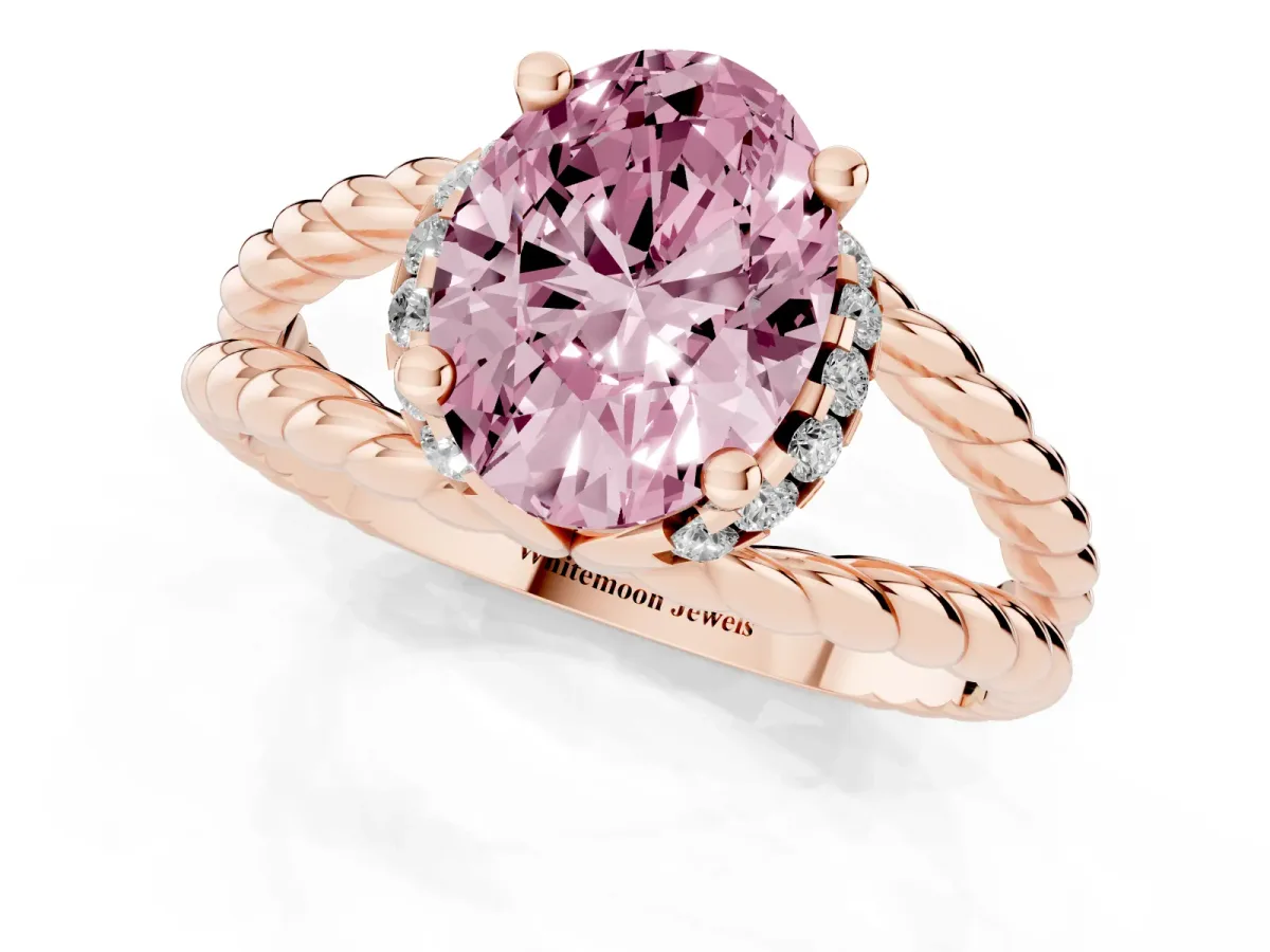 Fancy Pink Oval Cut Halo Twisted Band Four-Prong Ring Rose gold