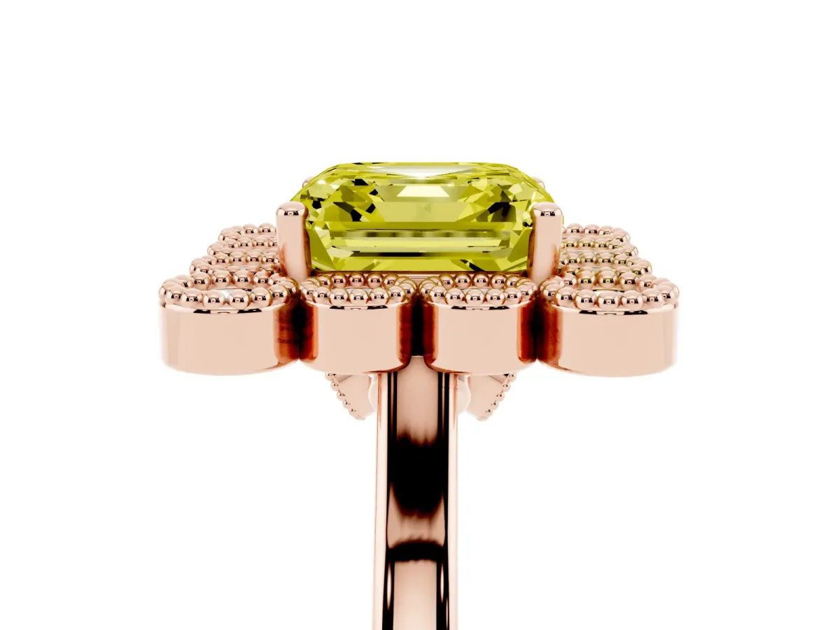 Fancy Yellow Asscher Cut Halo Diamond Cluster Engagement Ring with Milgrain Bezel Setting and Solitaire Band Rose gold