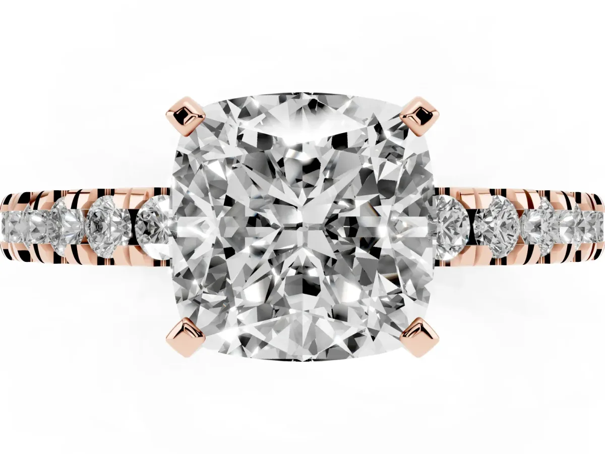 Cushion Cut Solitaire Diamond with Pavé Band and Four-Prong Setting Rose gold