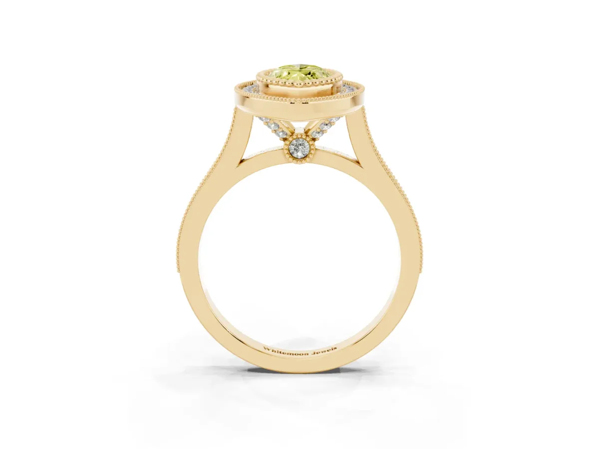 Fancy Yellow Marquise Cut Diamond Halo Ring with Milgrain Frame and Pavé Band Yellow gold
