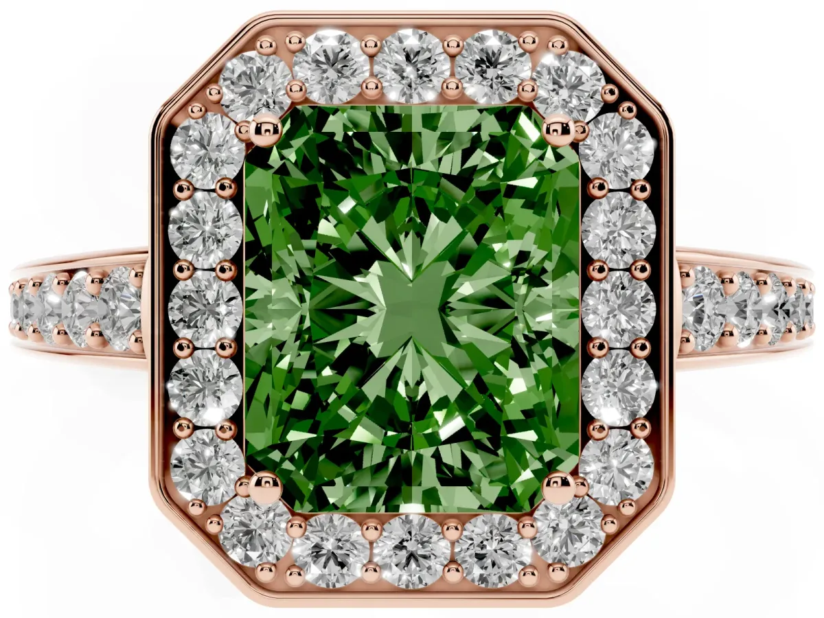 Fancy Green Radiant Cut Halo Pavé Diamond Engagement Ring with Bezel Setting Rose gold