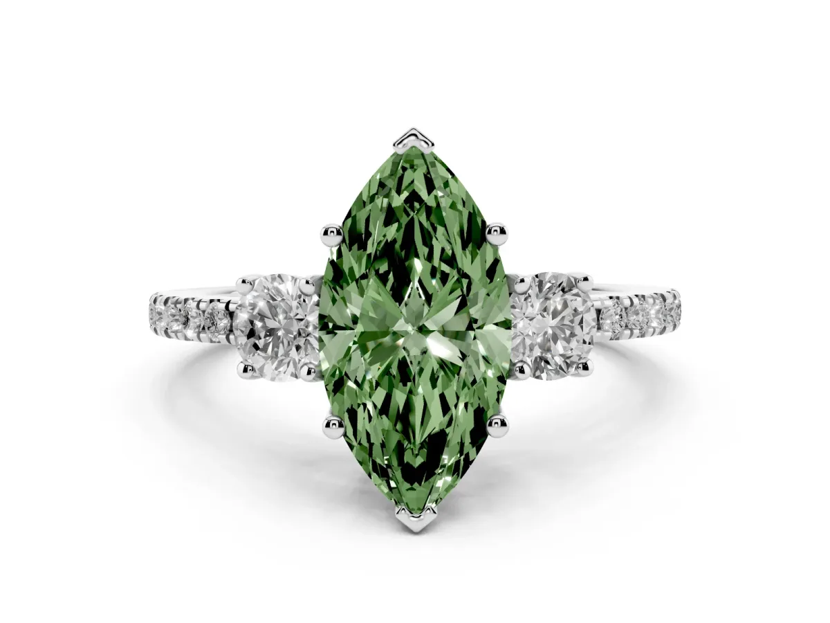 Fancy Green Three-Stone Marquise Cut Cut Diamond Pavé Band with Prong Setting Silver