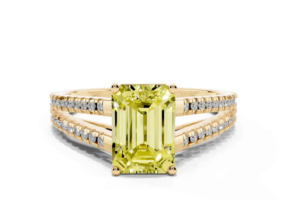 Fancy Yellow Emerald Cut Diamond Solitaire Engagement Ring with Split Shank Pavé Band Yellow gold