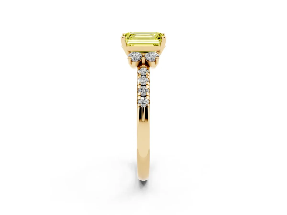 Fancy Yellow Emerald Cut Diamond Three-Stone Pave Band with Four-Prong Setting Yellow gold