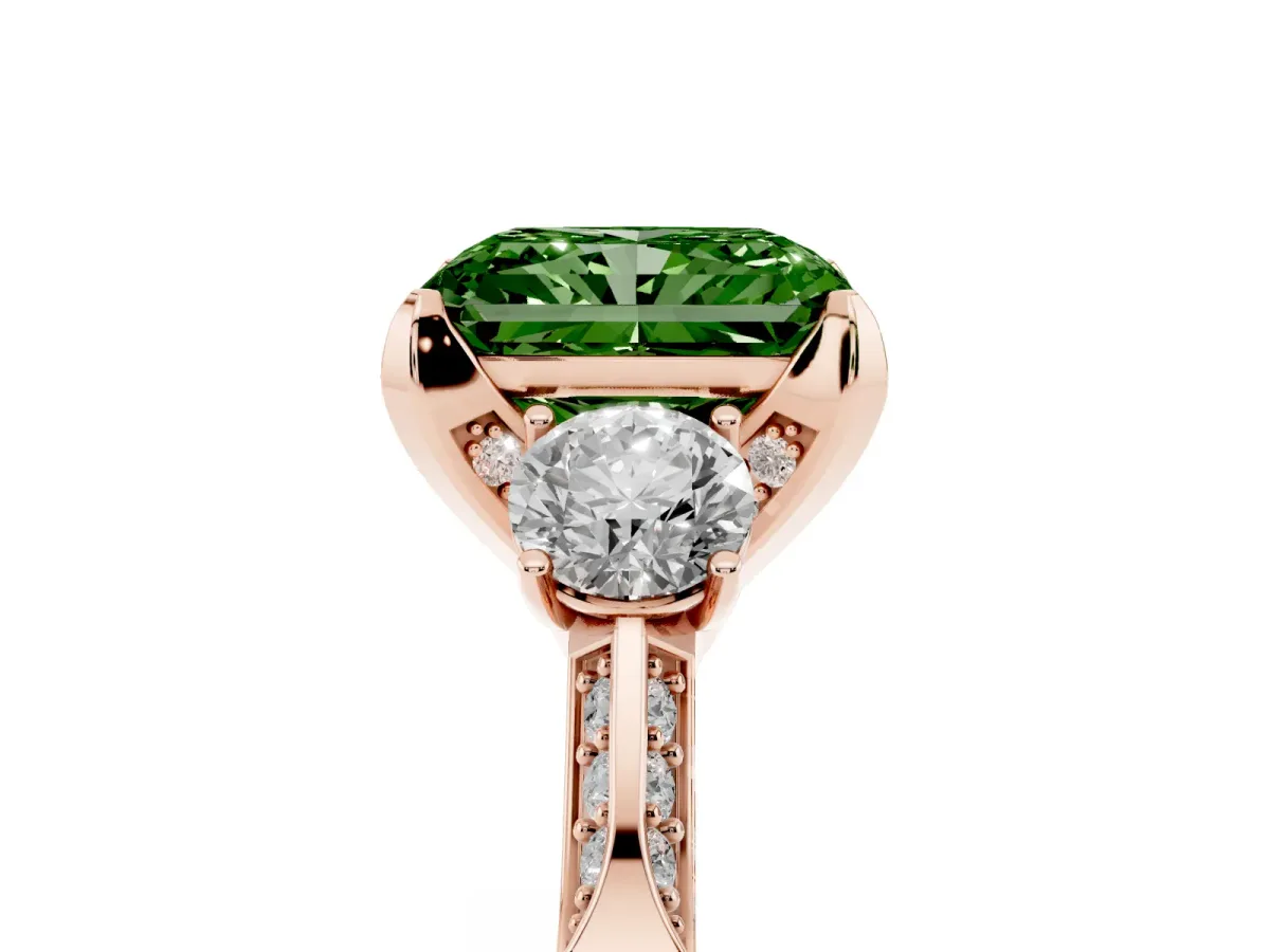 Fancy Green Radiant Cut Brilliant Three-Stone Diamond Ring with Pavé Band and Four-Prong Setting Rose gold