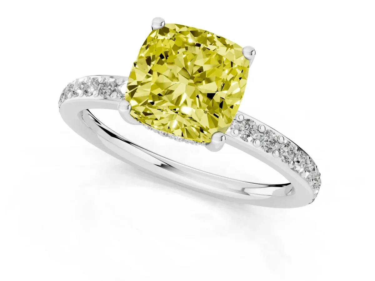 Fancy Yellow Cushion Cut Cut Diamond Pavé Band Ring with Four-Prong Setting Silver
