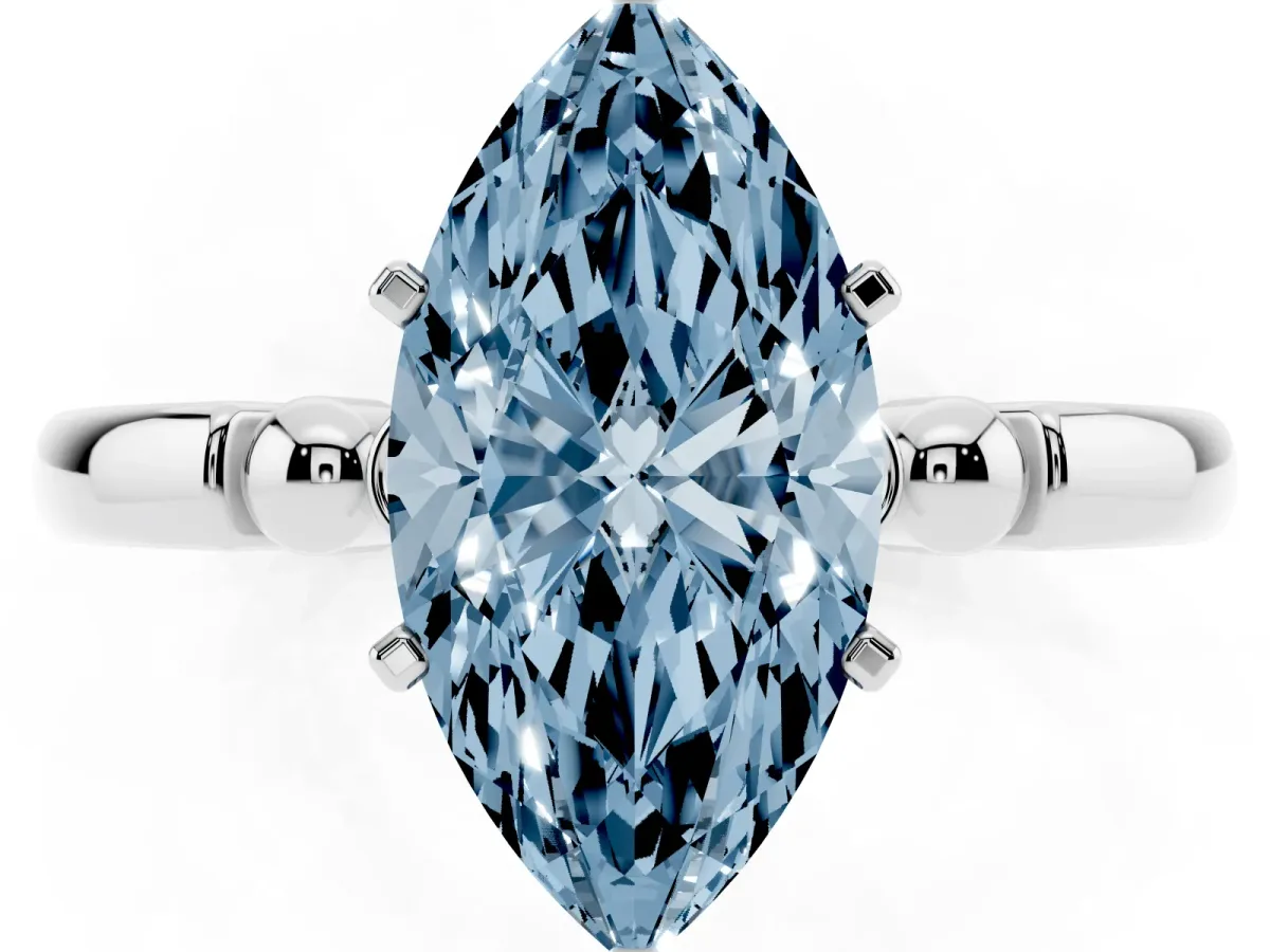Fancy Blue Marquise Cut Solitaire Beaded Band with Four-Prong Setting Platinum