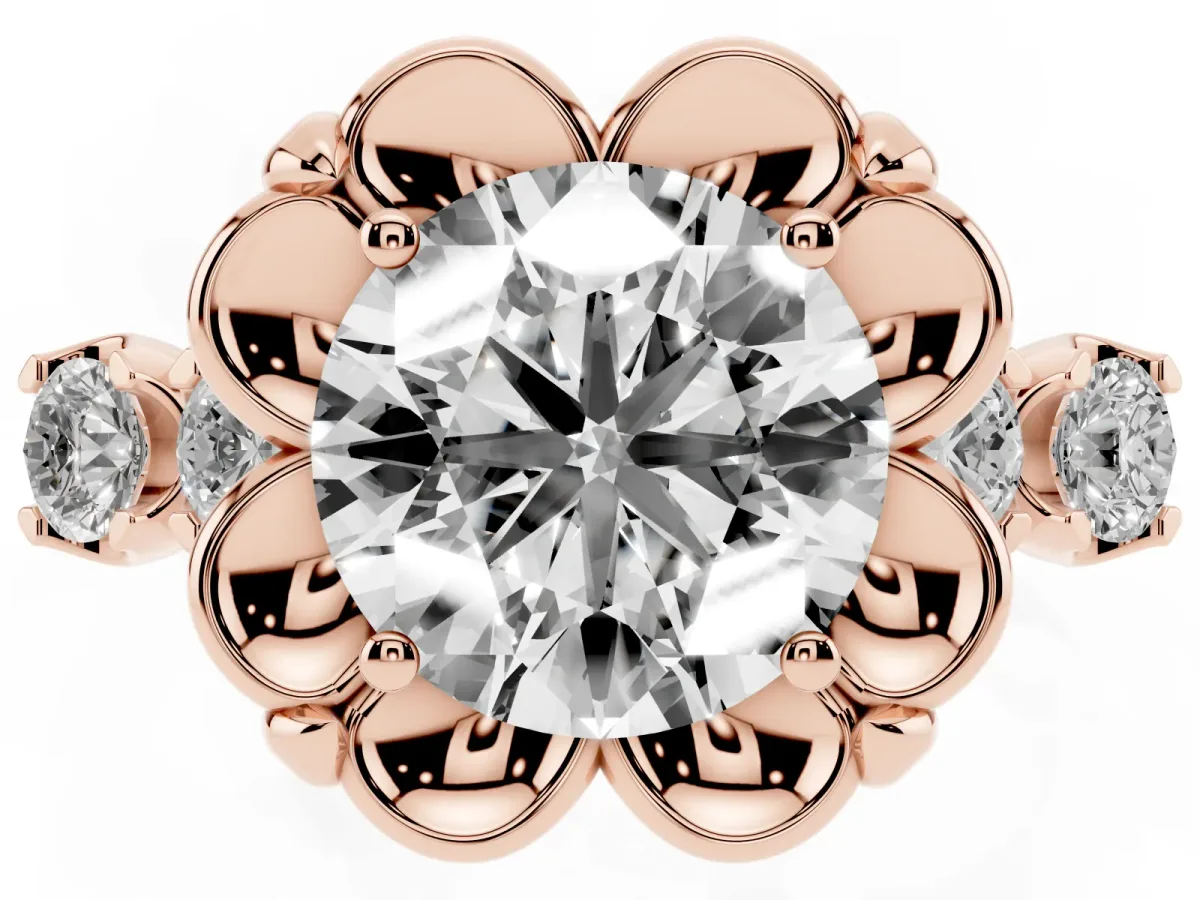 Round Cut Cut Diamond Floral Halo Engagement Ring with Shared Prong Setting Rose gold