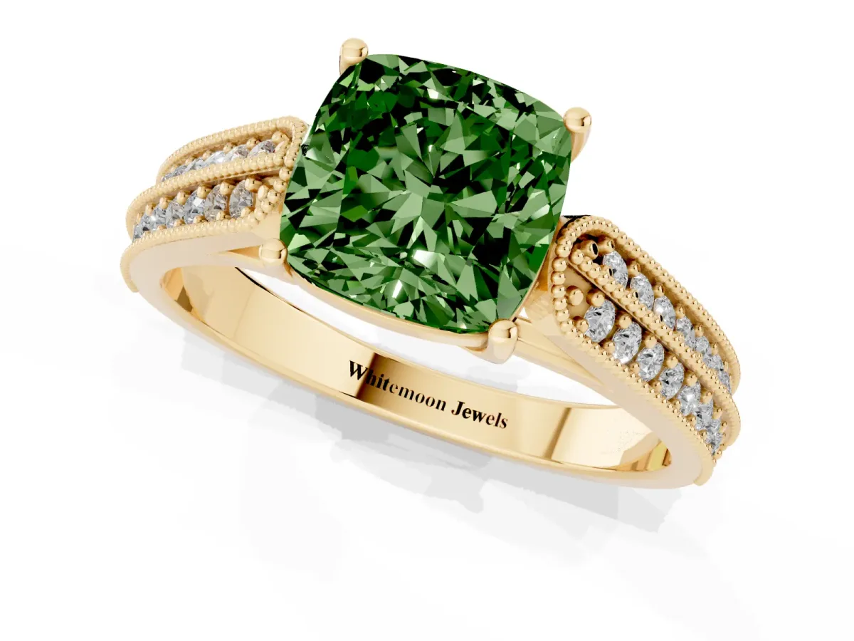 Fancy Green Cushion Cut Cut Pave Split Shank Engagement Ring with Four-Prong Setting Yellow gold