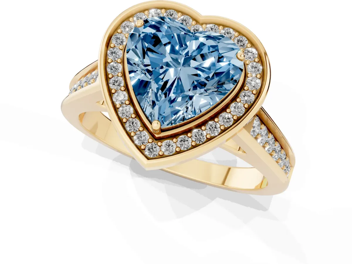 Fancy Blue Heart Cut Halo Solitaire Diamond Ring with Pave Band and Bezel Setting Yellow gold