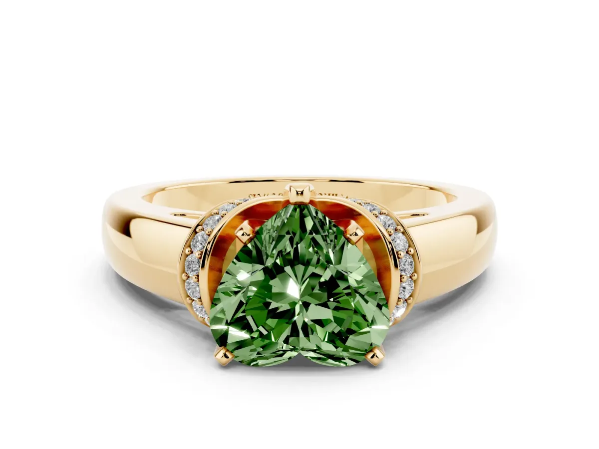 Fancy Green Heart Cut Solitaire Diamond Ring with Pave Band and Six-Prong Setting Yellow gold