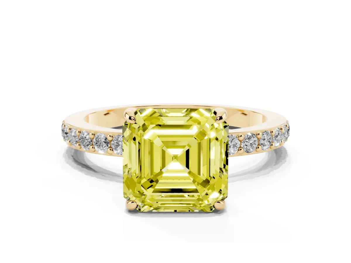 Fancy Yellow Asscher Cut Diamond Solitaire Engagement Ring with Pavé Band and Four-Prong Setting Yellow gold