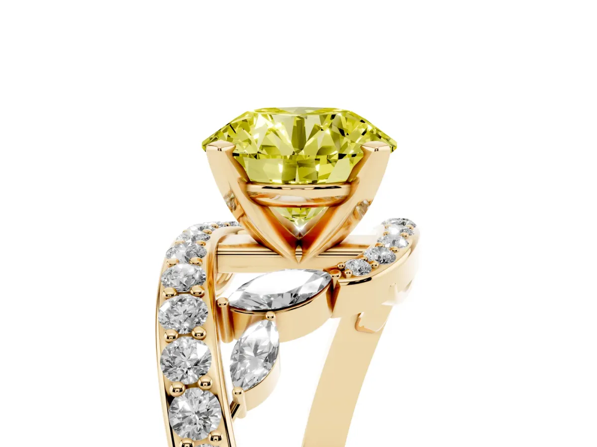 Fancy Yellow Round Cut Solitaire with Pavé Twist Band and Four-Prong Setting Yellow gold