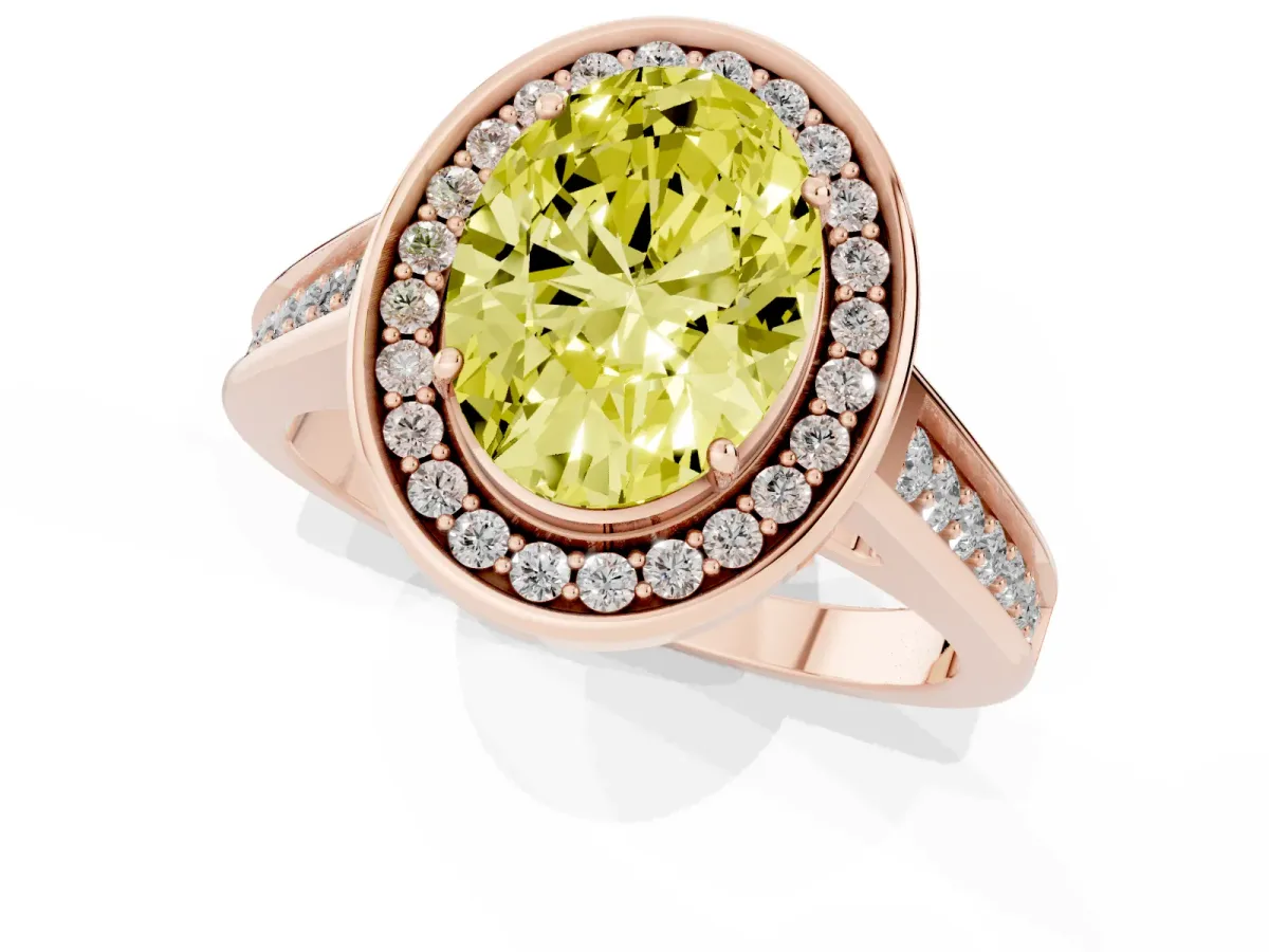 Fancy Yellow Oval Cut Halo Solitaire Diamond Ring with Pave Band and Bezel Setting Rose gold