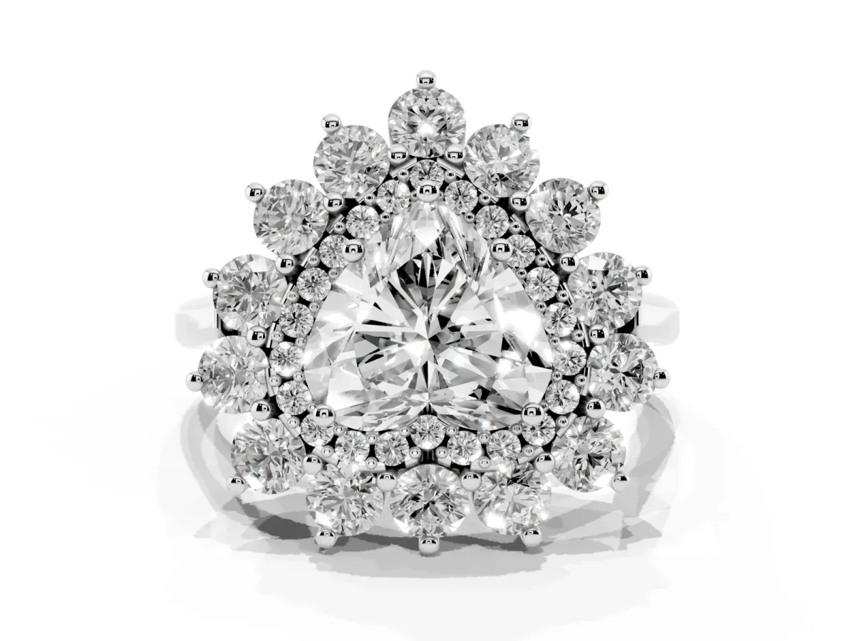 Heart Cut Diamond Floral Double Halo Engagement Ring with Prong Setting Silver