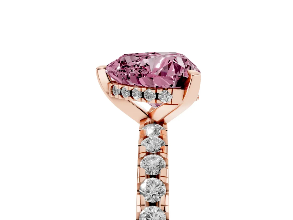 Fancy Pink Heart Cut Diamond Solitaire Ring with Round Pavé Band and Four-Prong Setting Rose gold